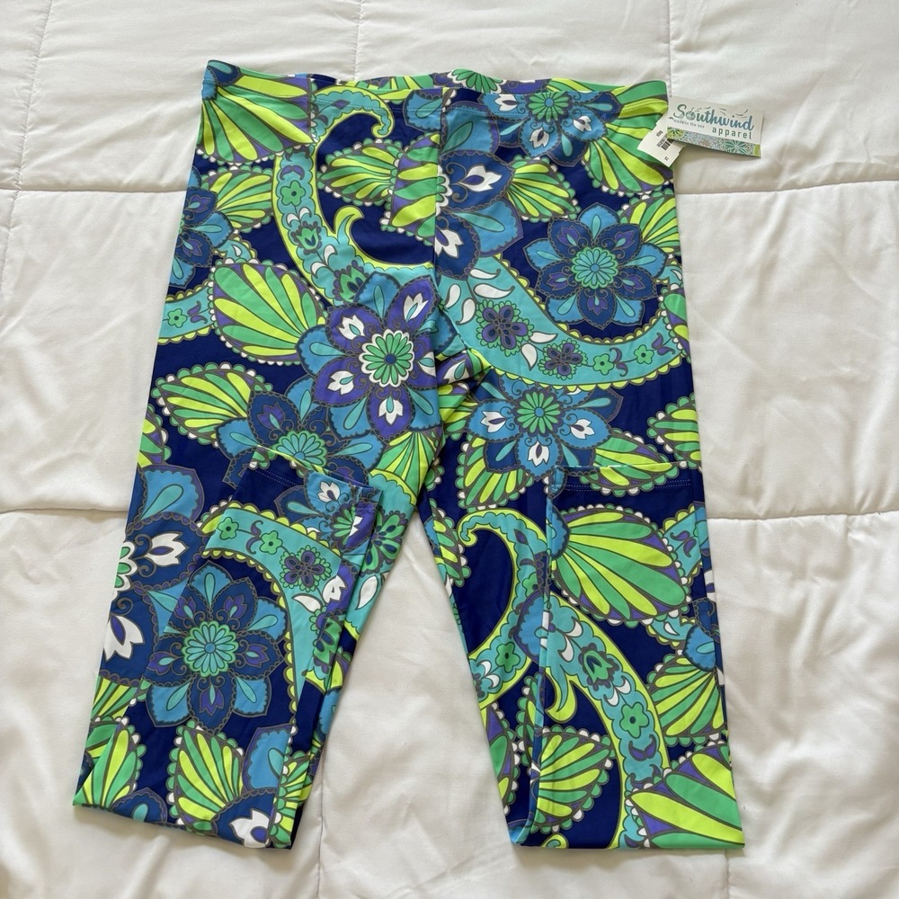NWT Leggings Pants Womens XL Blue Green Floral Made In USA Stretch Hippie Whimsy
